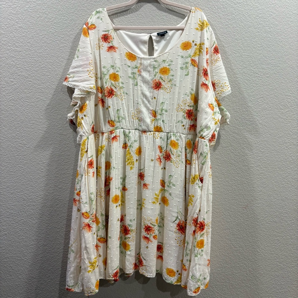 Torrid Floral Babydoll Dress White Swiss Dot Lace Trim Boho Plus